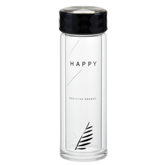 Double-Layer Glass Water Bottle “Happy Goodlucky” – Heat-Resistant Transparent Bottle with Premium Textured Lid