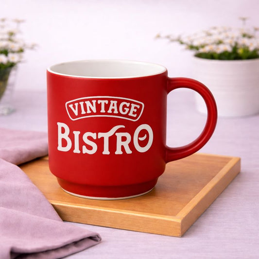 “Vintage Bistro” Red Ceramic Mug – Retro Café Style Coffee Cup