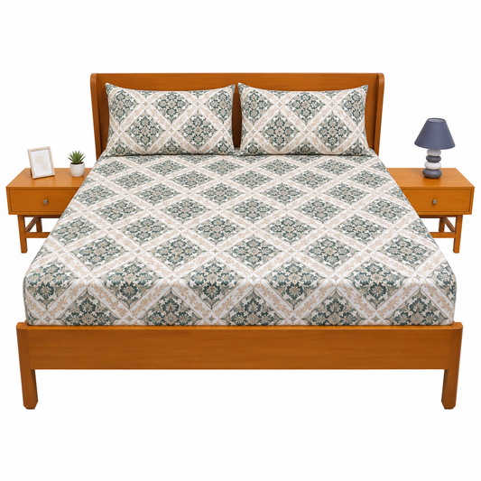 Flora Tile Printed Double Bed Sheet – Elegant Geometric Floral Design