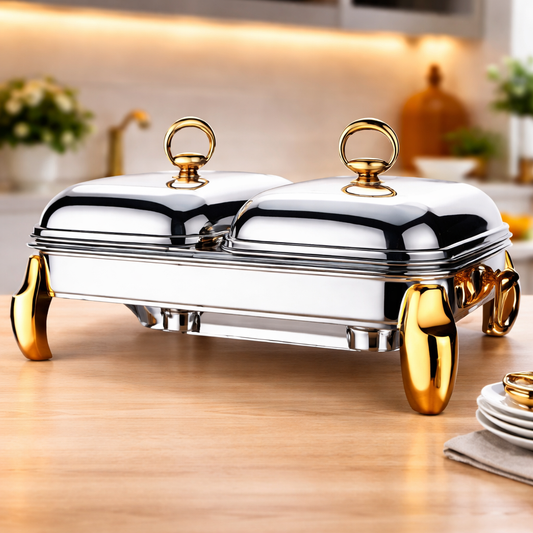 LUX GOLD 2×1 Rect Dish 4Pc-C – Premium Double Rectangular Chafing Dish Set - Habitt