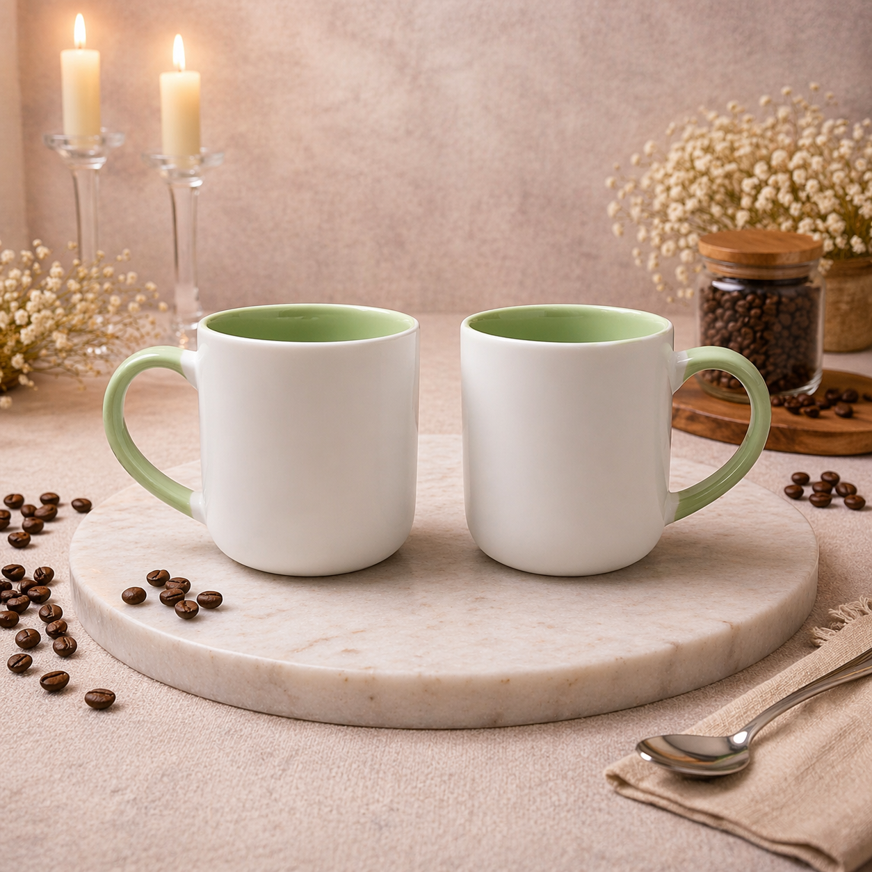 Pack of 2 White & Green Ceramic Coffee Mugs  Minimalist Dual Tone Tea Cups - Habitt