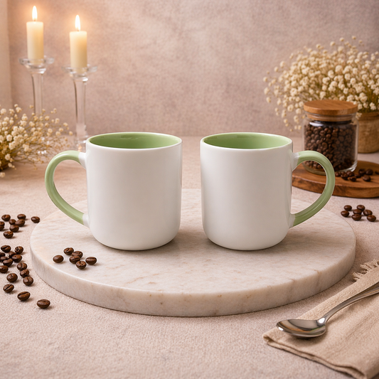 Pack of 2 White & Green Ceramic Coffee Mugs  Minimalist Dual Tone Tea Cups - Habitt