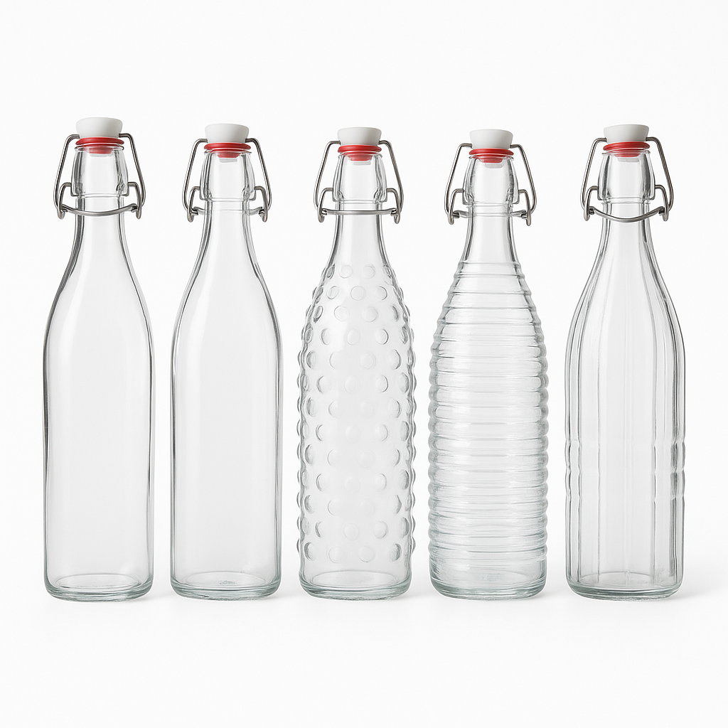 1Pc Clip Glass Bottle – 1000 ml (Assorted Patterns)