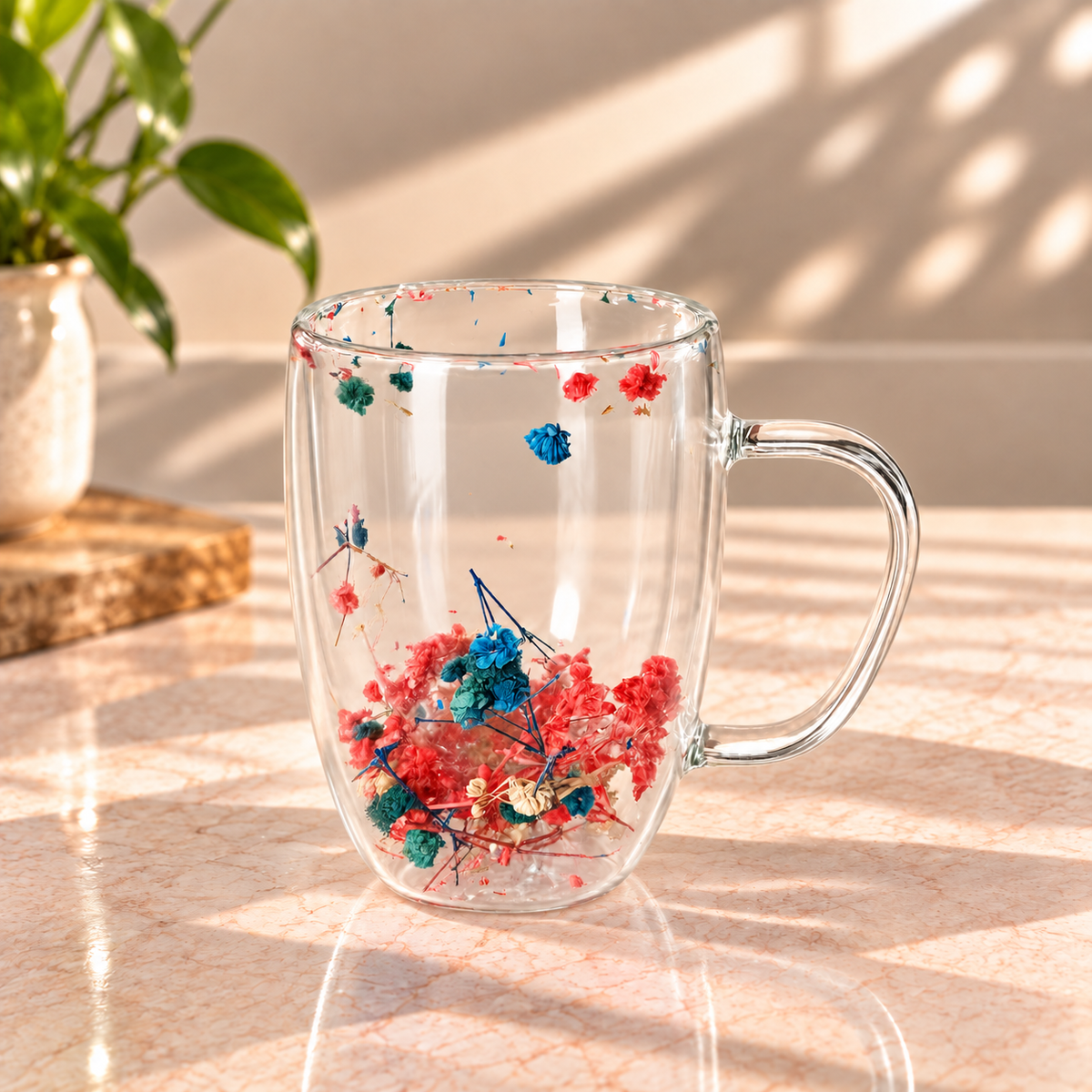 Double Wall Floral Glass Mug – Multicolor Flower Design
