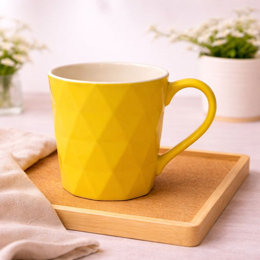 Geometric Yellow Ceramic Mug – Diamond Embossed Modern Coffee & Tea Cup