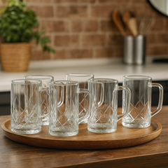 Diamond-Cut Textured Clear Glass Juice Mug 400 ml with Handle – Set of 6 | Premium Patterned Drinkware for Home & Café