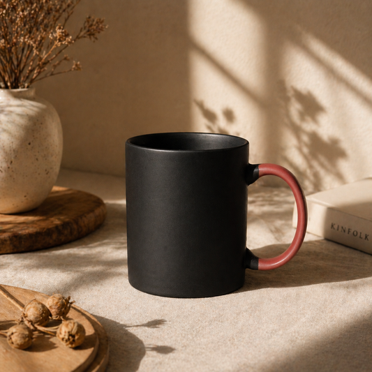 Matte Black Ceramic Coffee Mug with Red Handle – Modern Minimalist Cup - Habitt