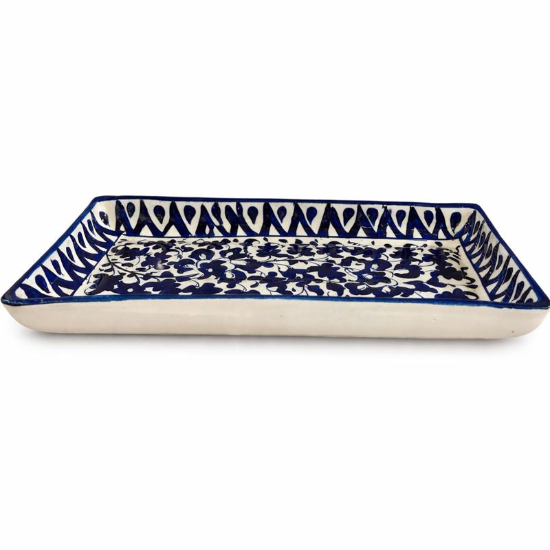 Handcrafted Blue Pottery Rectangle Platter – Floral Design (11 × 4.5 Inches)