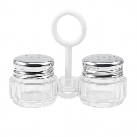Salt & Pepper Shaker Set – 2-Piece Small Glass Jars with Silver Lids & Holder
