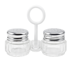 Salt & Pepper Shaker Set – 2-Piece Small Glass Jars with Silver Lids & Holder