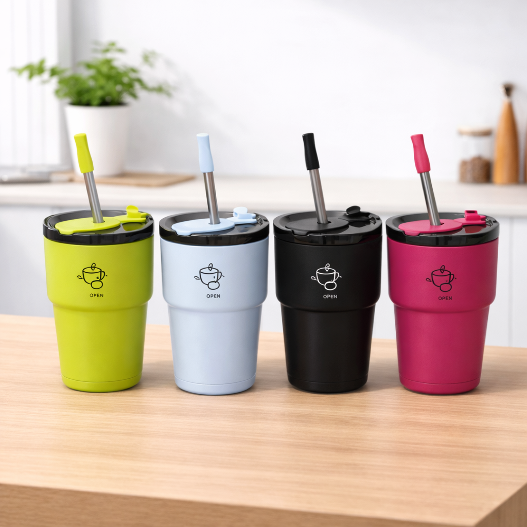 Vacuum Tumbler 450ML – Insulated Travel Mug with Lid & Straw (White, Green, Light Blue, Black, Red) - Habitt