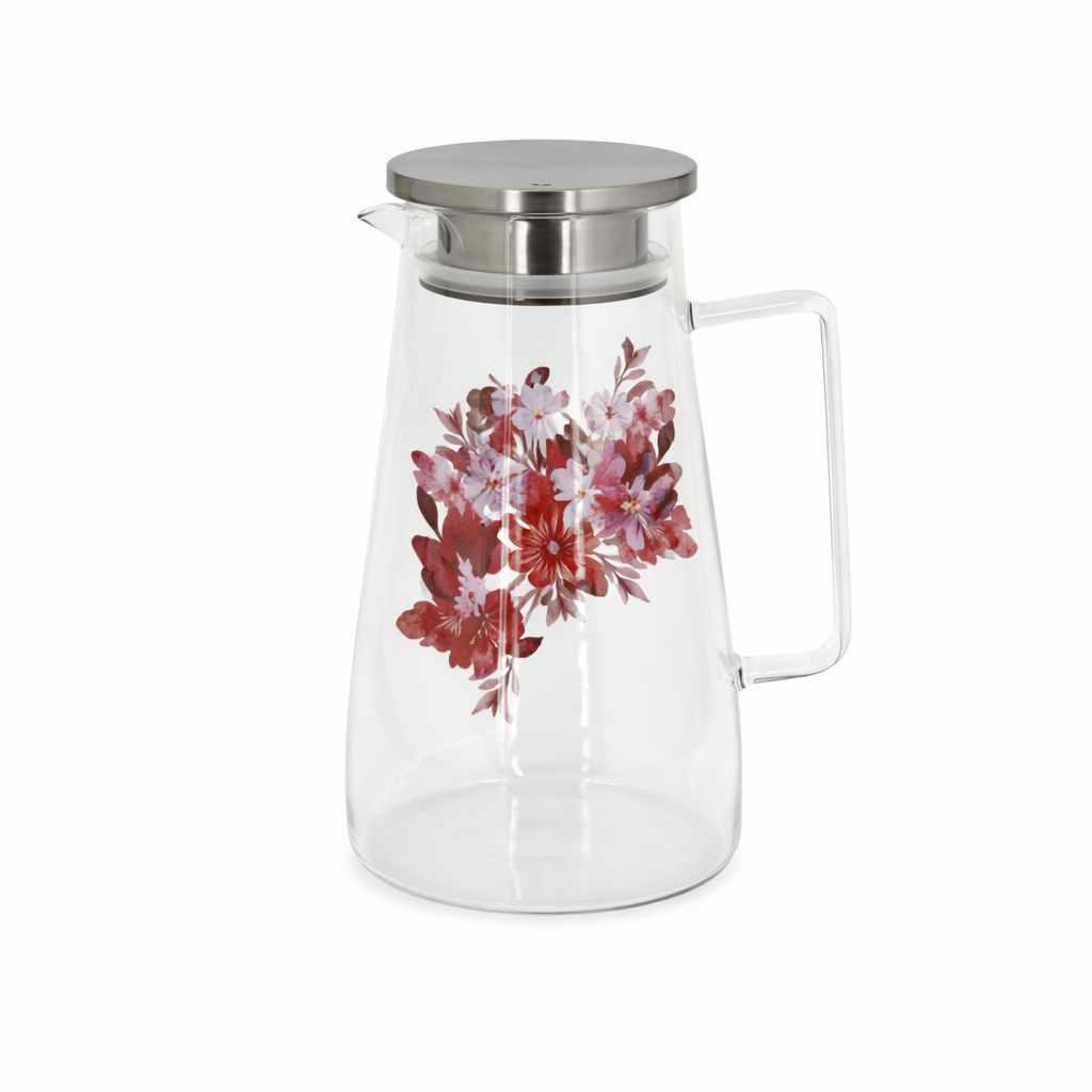 Elegant Red Floral Glass Jug – Design Serving Pitcher with Stainless Steel Lid