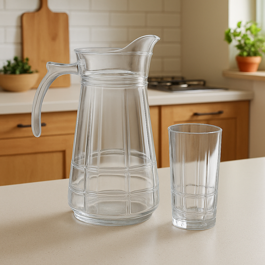 Smoke-Tinted 7-Piece Water Set – Elegant Jug with Matching Tumblers (Pressed Glass)