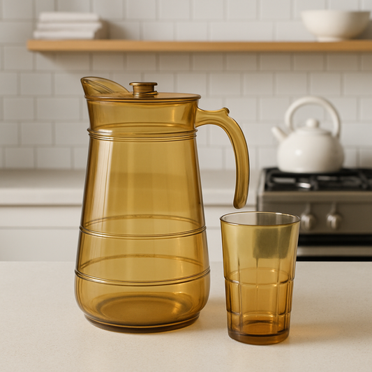 Golden-Tinted 7-Piece Water Set – 1.7 L Jug with 278 ml Glasses (Premium Classic-Pattern Glassware)