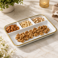 Elegant White & Gold Rectangular Divided Dry Fruit Serving Platter with 4 Compartments for Nuts, Snacks, Appetizers & Festive Entertaining