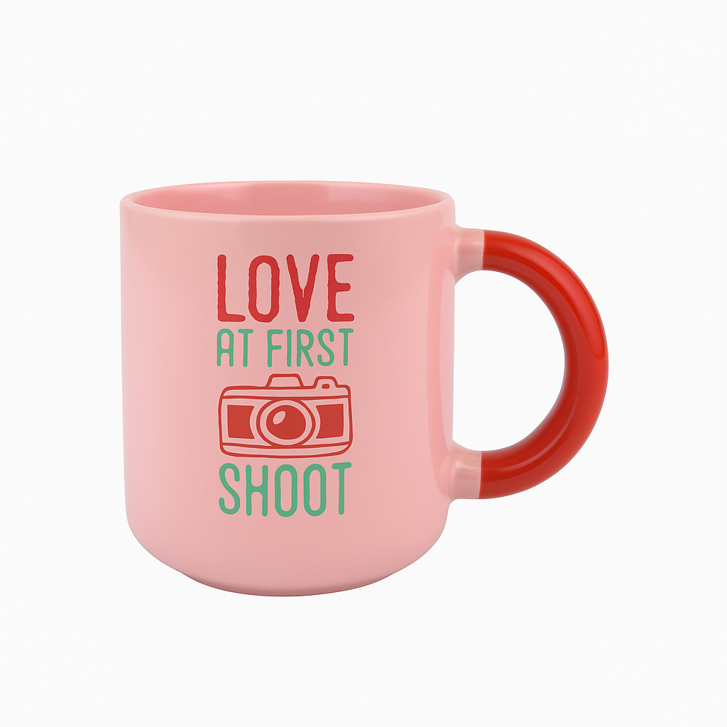 “Love at First Shoot” Ceramic Mug – Pink & Red