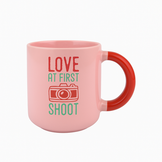“Love at First Shoot” Ceramic Mug – Pink & Red