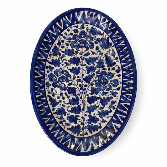 Handcrafted Blue Pottery Oval Plate – Floral Design (12 × 8 Inches)