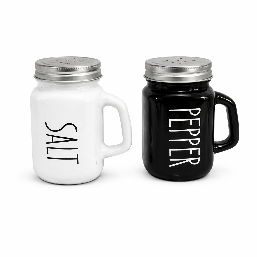 Pack of 2 - Modern Salt & Pepper Shaker Set with Handle – Minimalist Glass Mason Jar Style Spice Dispensers with Stainless Steel Lids (Black & White) - Habitt