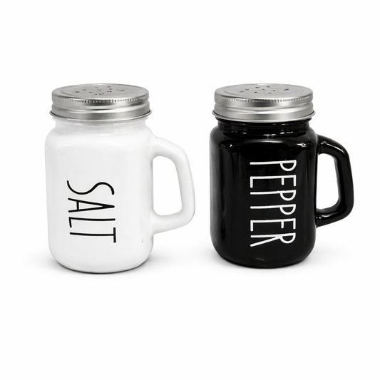 Pack of 2 - Modern Salt & Pepper Shaker Set with Handle – Minimalist Glass Mason Jar Style Spice Dispensers with Stainless Steel Lids (Black & White) - Habitt