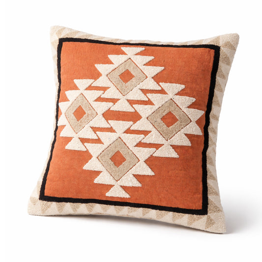 Rust Tribal Geometric Embroidered Cushion Cover 18x18 Inch – Boho Textured Decorative Pillow Cover - Habitt