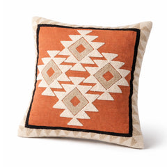 Rust Tribal Geometric Embroidered Cushion Cover 18x18 Inch – Boho Textured Decorative Pillow Cover - Habitt