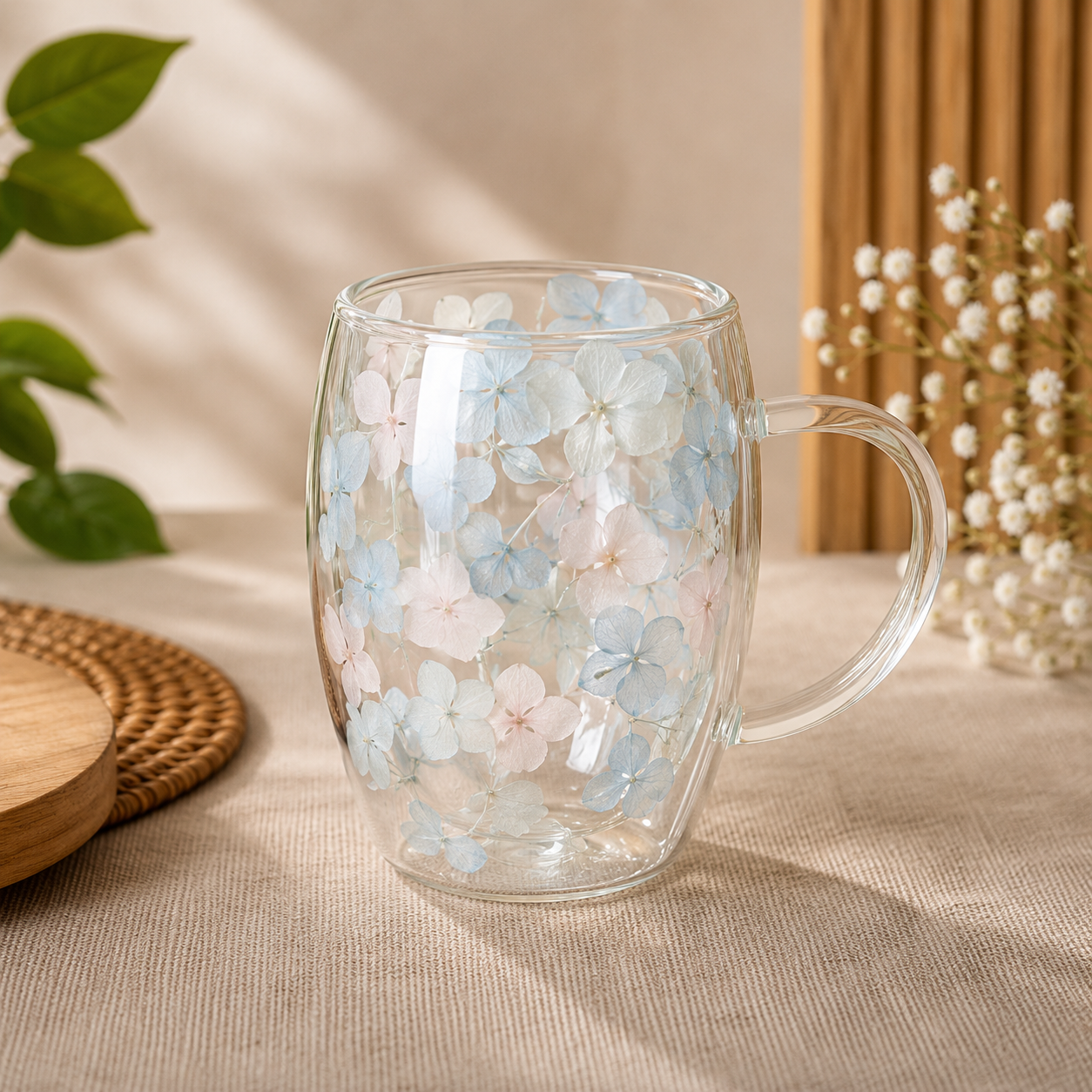 Pastel Blossom Double Wall Glass Mug – Elegant Floral Coffee & Tea Cup - Habitt