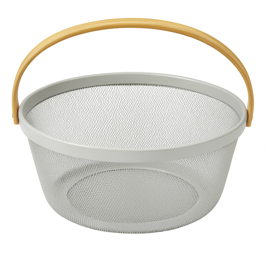 Round Metal Mesh Basket with Wooden Handle – Large | Modern Storage & Fruit Bowl