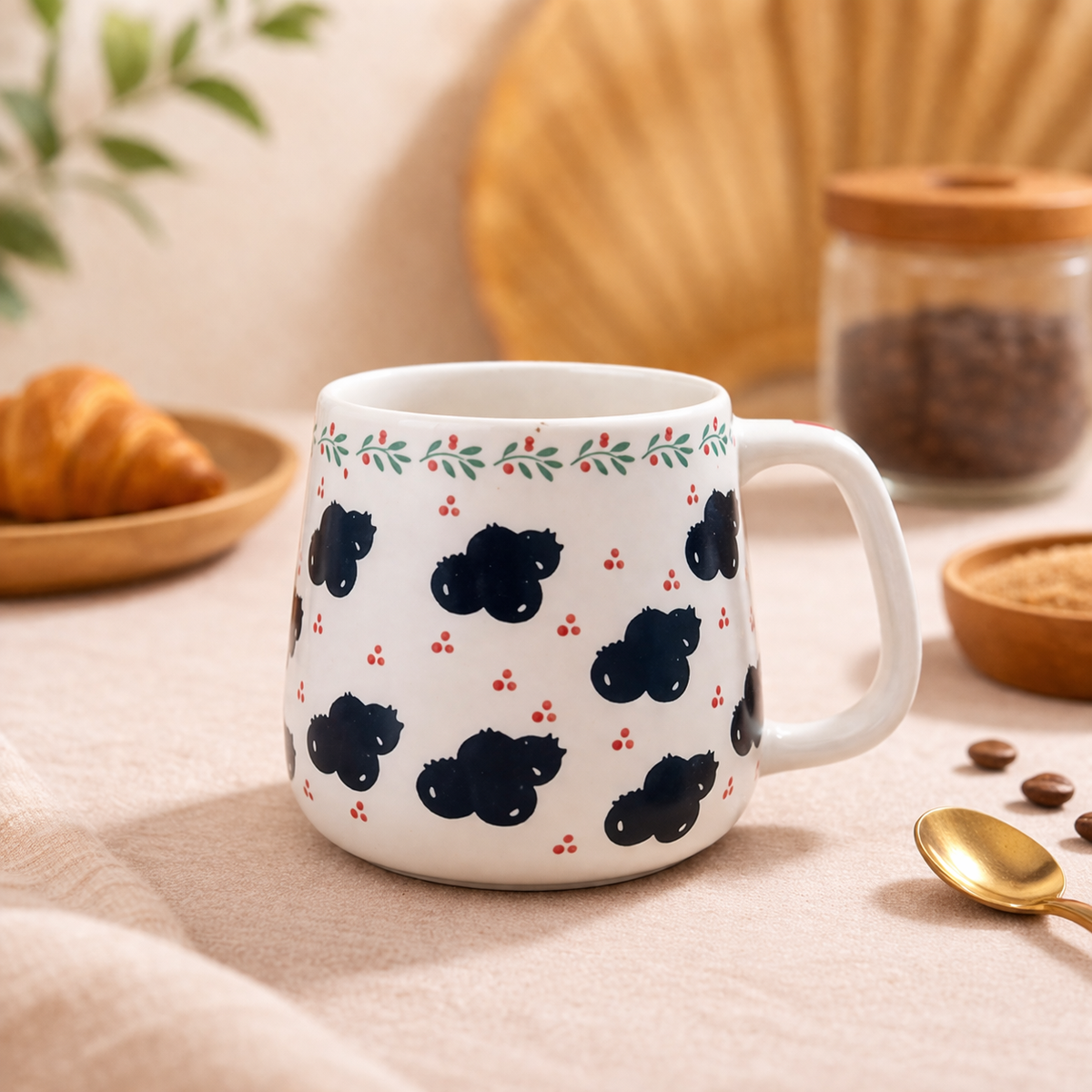 Cute Blueberry Print Ceramic Coffee Mug | Aesthetic White Tea Cup with Berry Pattern | Minimalist Kitchen Drinkware - Habitt