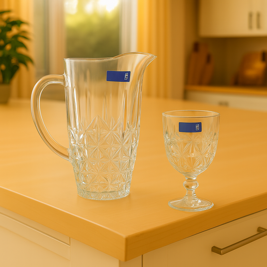 Diamond-Cut Clear Glass Water Set – 7-Piece Set (1.2 L Jug + 340 mL Stemmed Glasses)