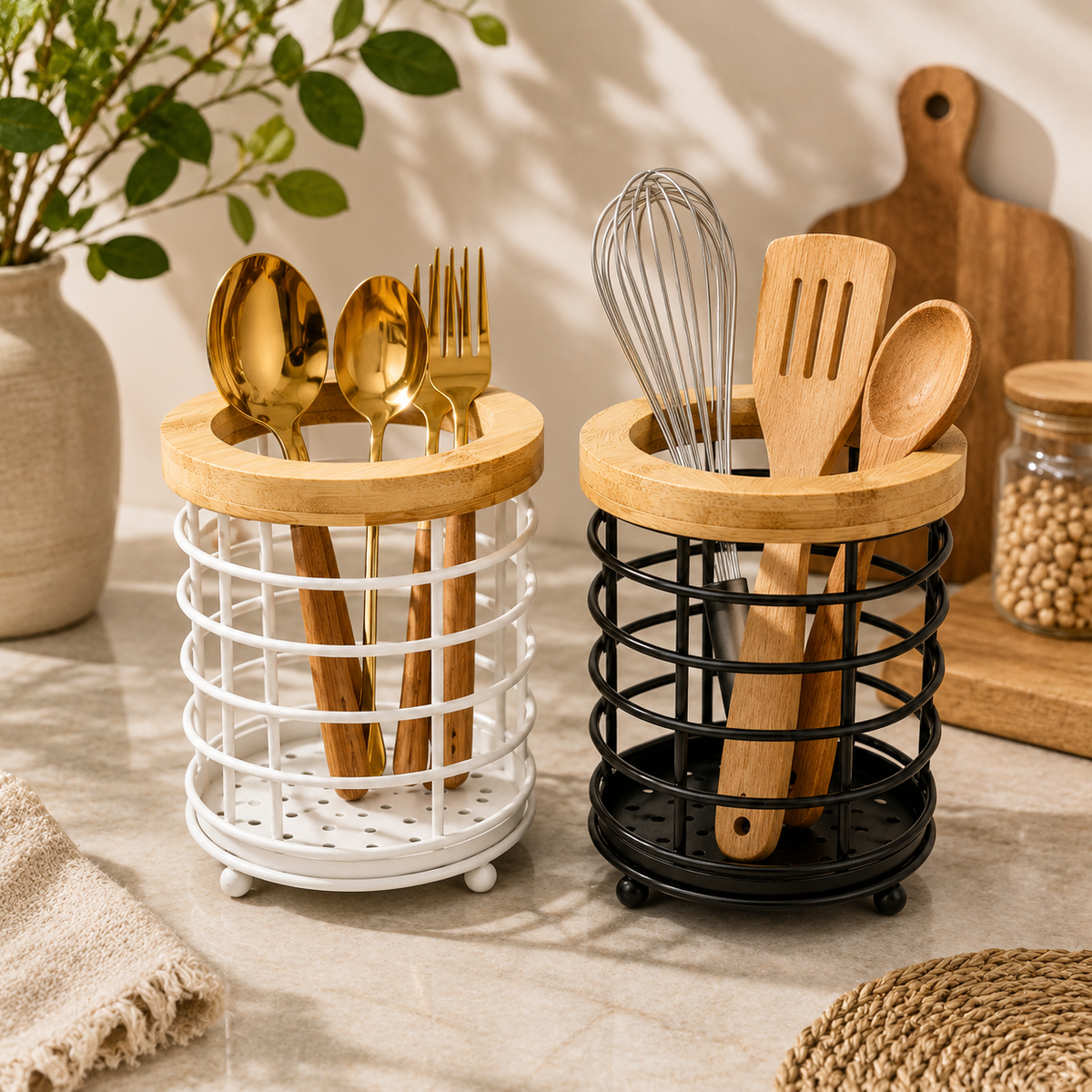 Iron Chopstick Holder – Black & White Kitchen Utensil Storage Stand
