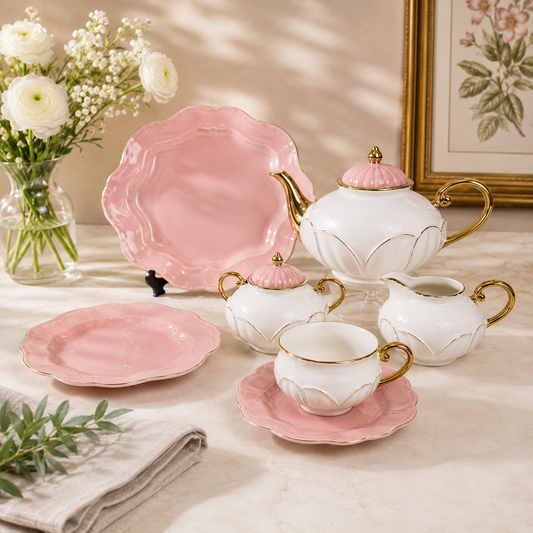 Forsacchi 29 Pcs Premium Porcelain Tea Set – Elegant White & Blush Pink Ceramic Tea Set with Gold Accent, Teapot, Cups, Saucers & Serving Plates for 6 Persons | Luxury Tea & Coffee Serving Set