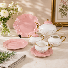 Forsacchi 29 Pcs Premium Porcelain Tea Set – Elegant White & Blush Pink Ceramic Tea Set with Gold Accent, Teapot, Cups, Saucers & Serving Plates for 6 Persons | Luxury Tea & Coffee Serving Set