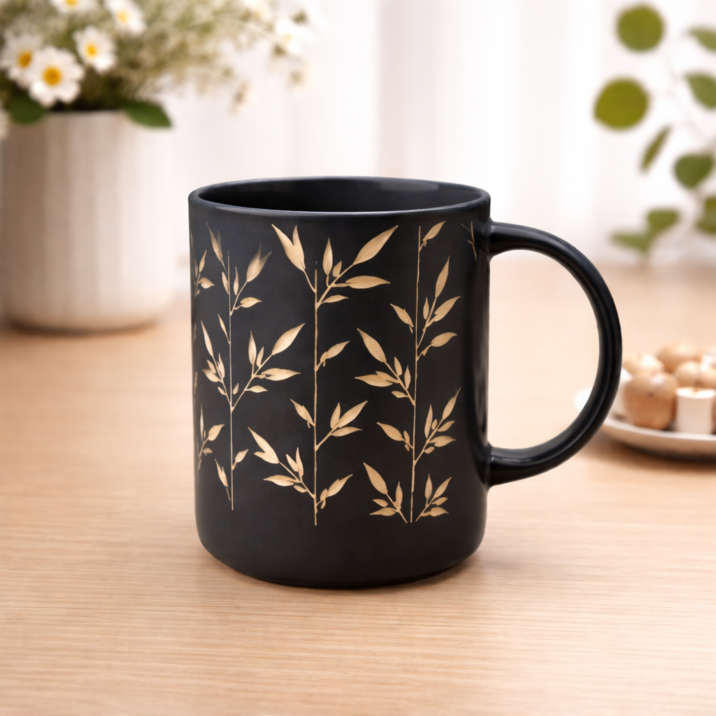 450ml Black Porcelain Mug – Elegant Printed Coffee Mug - Habitt