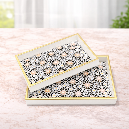 2Pcs Tray Set – Elegant Rectangular Serving Trays with Floral Geometric Design - Habitt