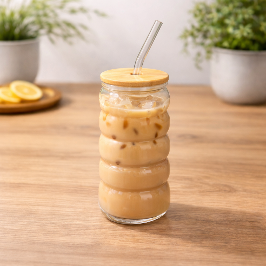 Straw Glass – Textured Clear Tumbler with Bamboo Lid & Reusable Straw - Habitt