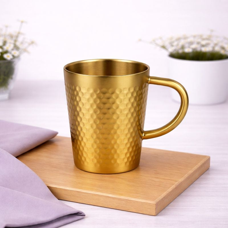 Hammered Golden Stainless Steel Tea Cup – 300ml | Luxury Gold Finish Mug for Tea & Coffee - Habitt