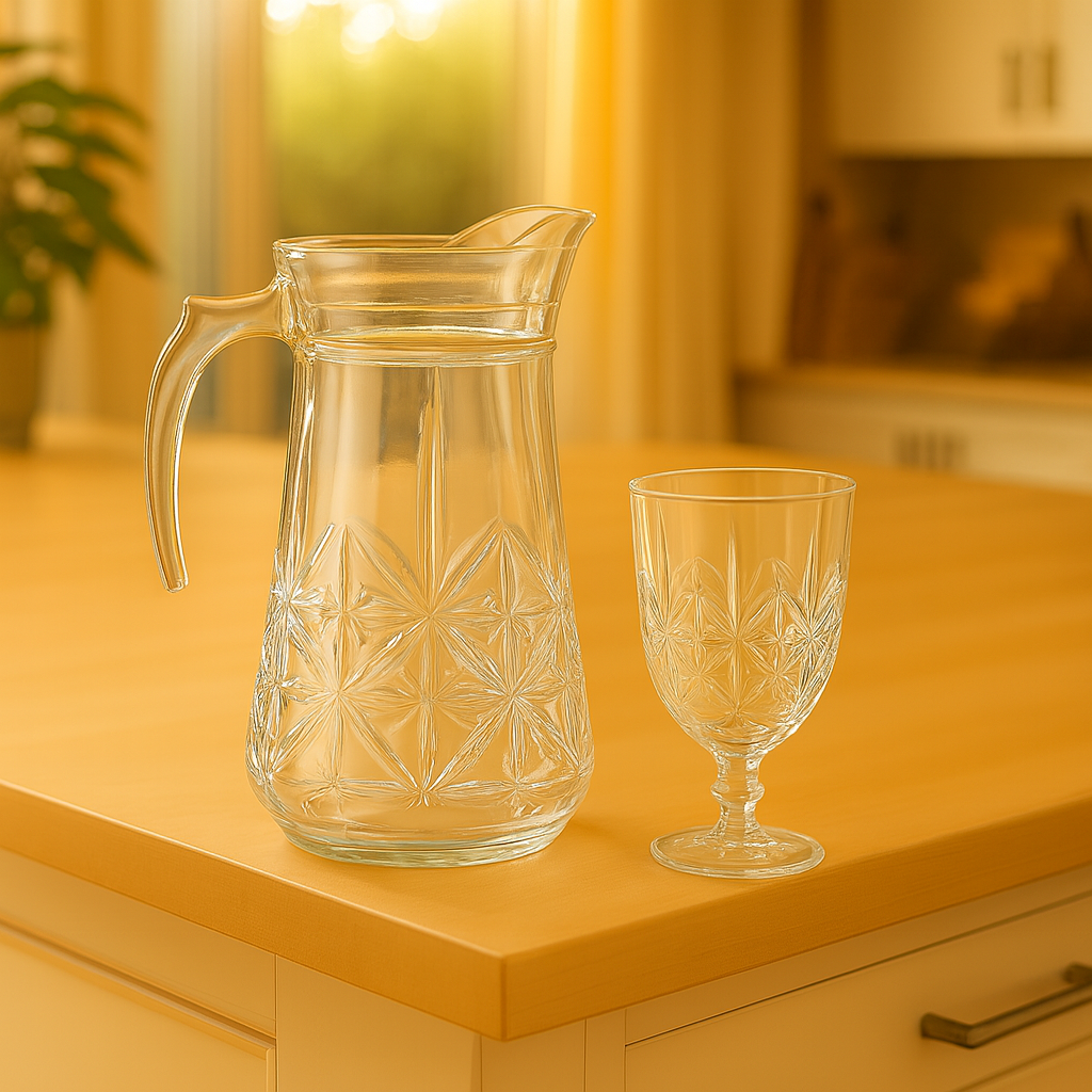 Star-Cut Premium Glass Water Set – 7-Piece Set (1.2 L Jug + 340 mL Stemmed Glasses)