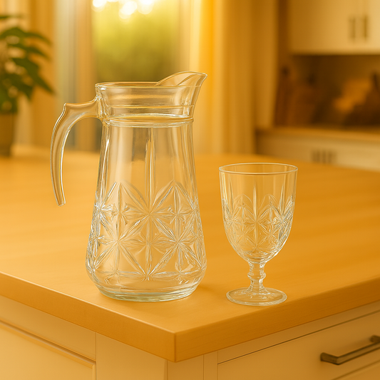 Star-Cut Premium Glass Water Set – 7-Piece Set (1.2 L Jug + 340 mL Stemmed Glasses)