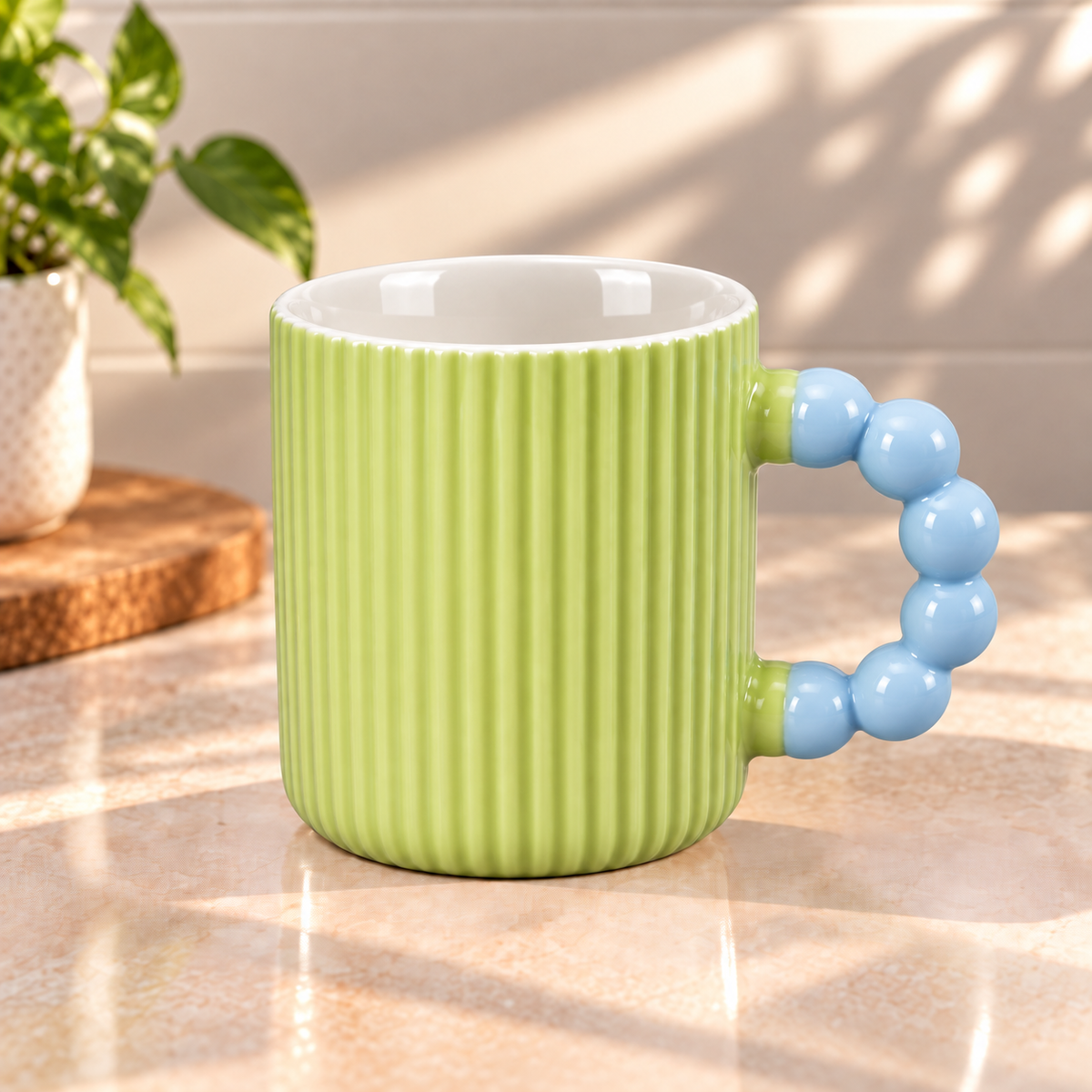 Ribbed Ceramic Coffee Mug with Beaded Handle – Colourful Tea & Coffee Cup