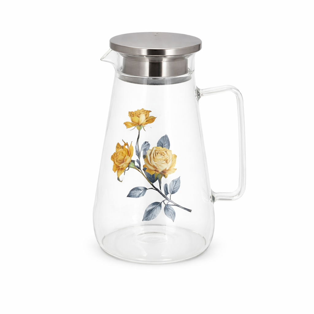 Floral Glass Jug with Stainless Steel Lid – Elegant Water & Juice Pitcher