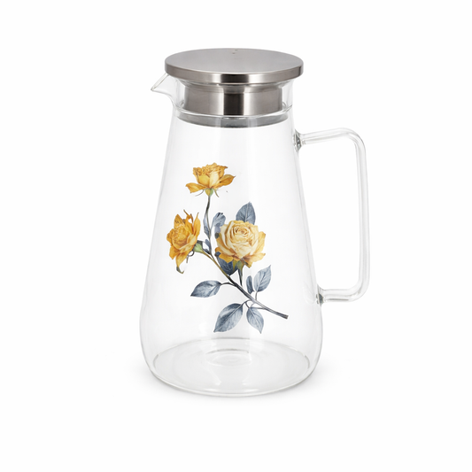 Floral Glass Jug with Stainless Steel Lid – Elegant Water & Juice Pitcher