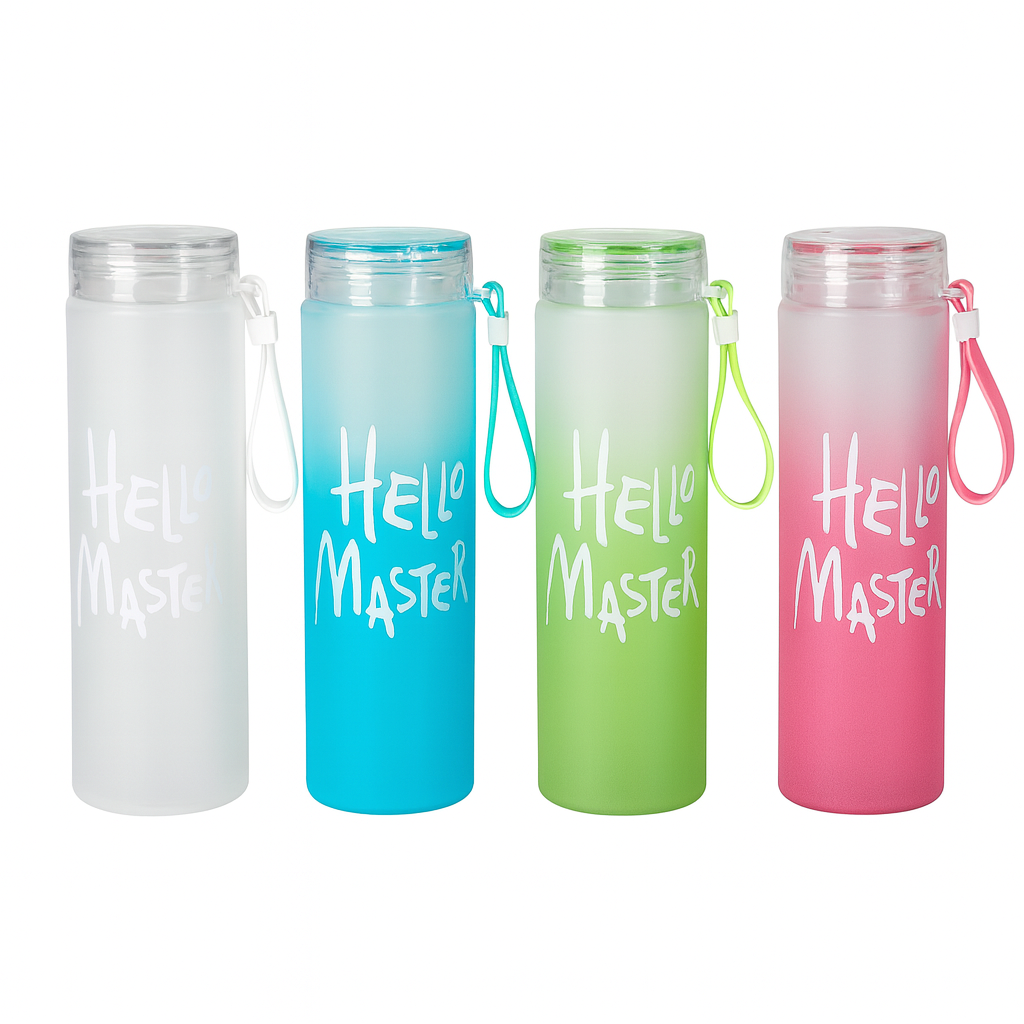 Hello Water Bottle – Gradient Printed Drinking Bottle with Strap (Red, Green, Blue, White)