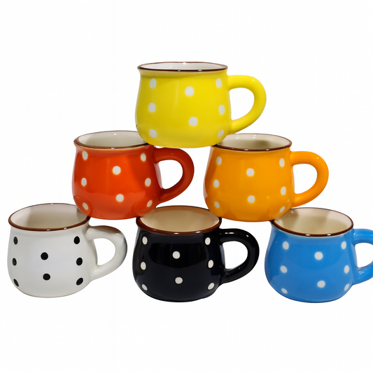 Pack of 6 – 150ML Ceramic Polka Dot Mugs | Colorful Tea & Coffee Cups
