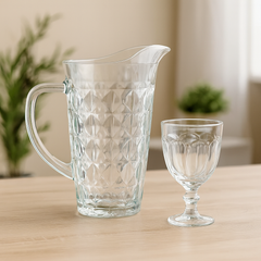 Diamond-Cut Clear Glass Water Set – 7-Piece Set (1.2 L Jug + 340 mL Stemmed Glasses)