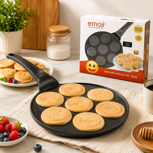 7-Hole Smiley Face Non-Stick Frying Pan – Fun Pancake & egg Maker | Marble Coating Pan with Soft-Touch Handle | ECOM Smiley Breakfast Pan