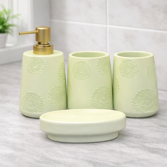 4-Piece Bathroom Accessories Set – Light Green Floral Pattern Soap Dispenser, Toothbrush Holder & Soap Dish - Habitt