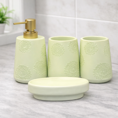 4-Piece Bathroom Accessories Set – Light Green Floral Pattern Soap Dispenser, Toothbrush Holder & Soap Dish - Habitt