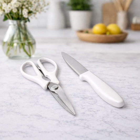 2 Pcs Kitchen Knife & Scissor Set – White