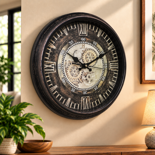 Rustic Steampunk Wall Clock – 14.5-Inch Vintage Gear Design Clock with Roman Numerals & Antique Plastic Frame